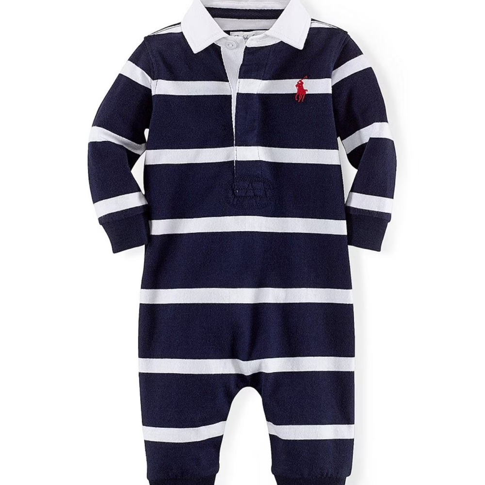 Ralph Lauren Navy and White Rugby-Stripe 6 Month Coverall Romper